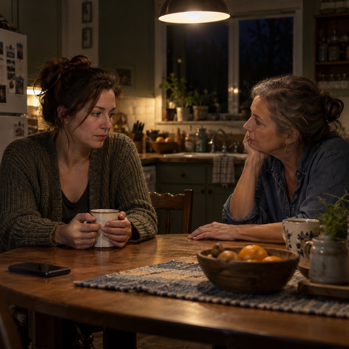 Two women talking at a kitchen table late at night, one listening as the other holds a coffee cup