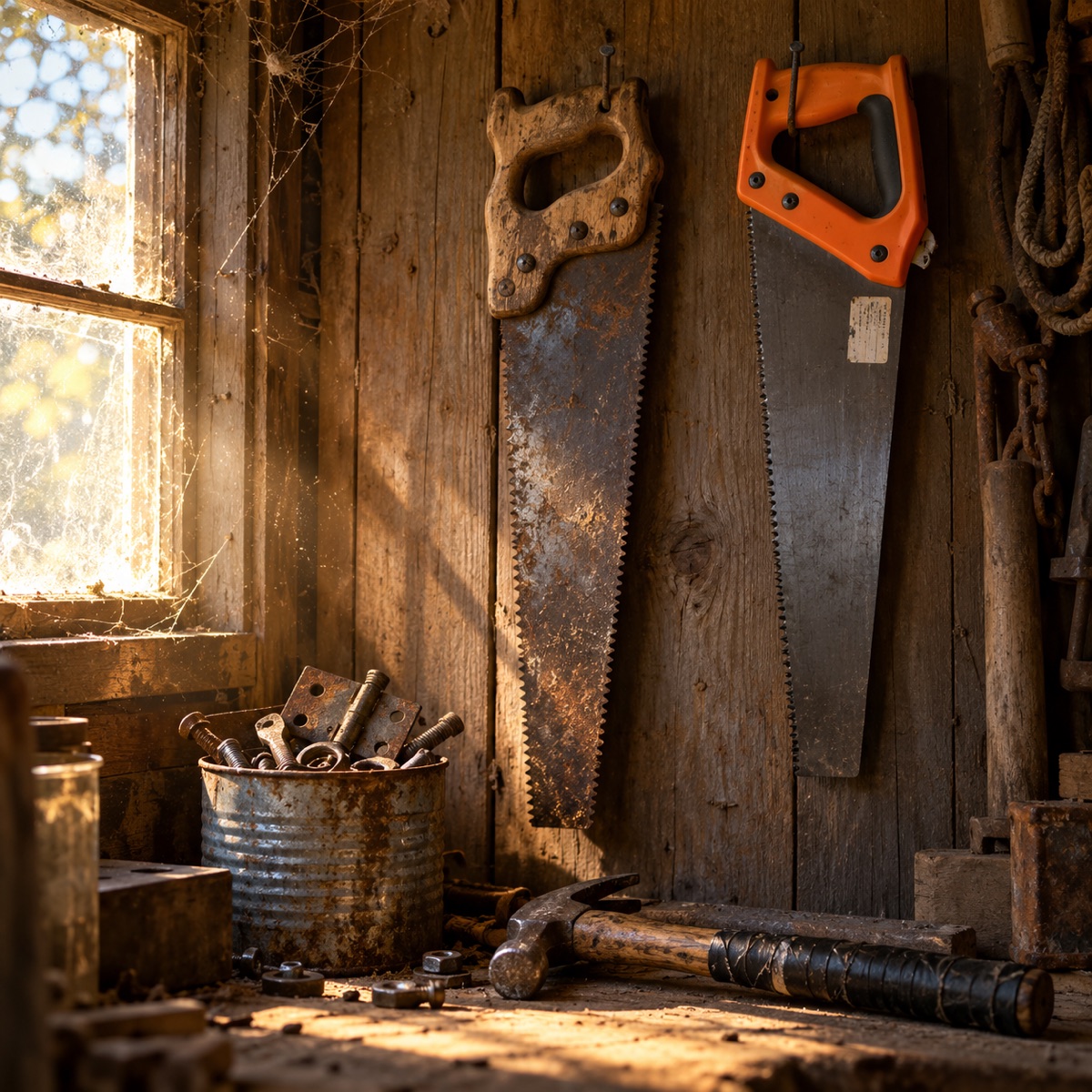 An old wooden-handled hand saw hanging beside a new orange-handled saw in a shed, with a taped hammer and a coffee can of bolts below