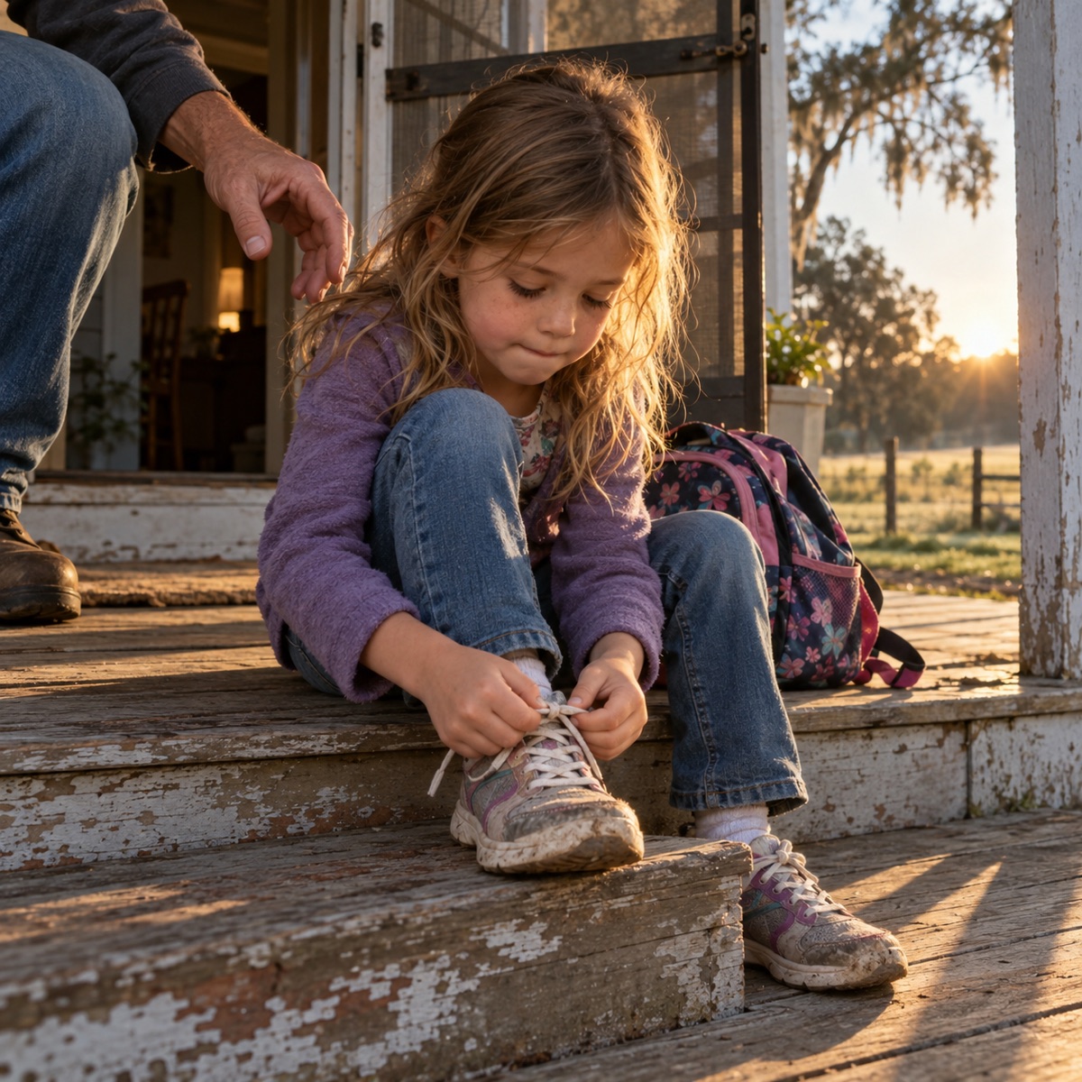 A little girl on a porch step tying her own sneaker while a grown-up's hand hovers just behind her