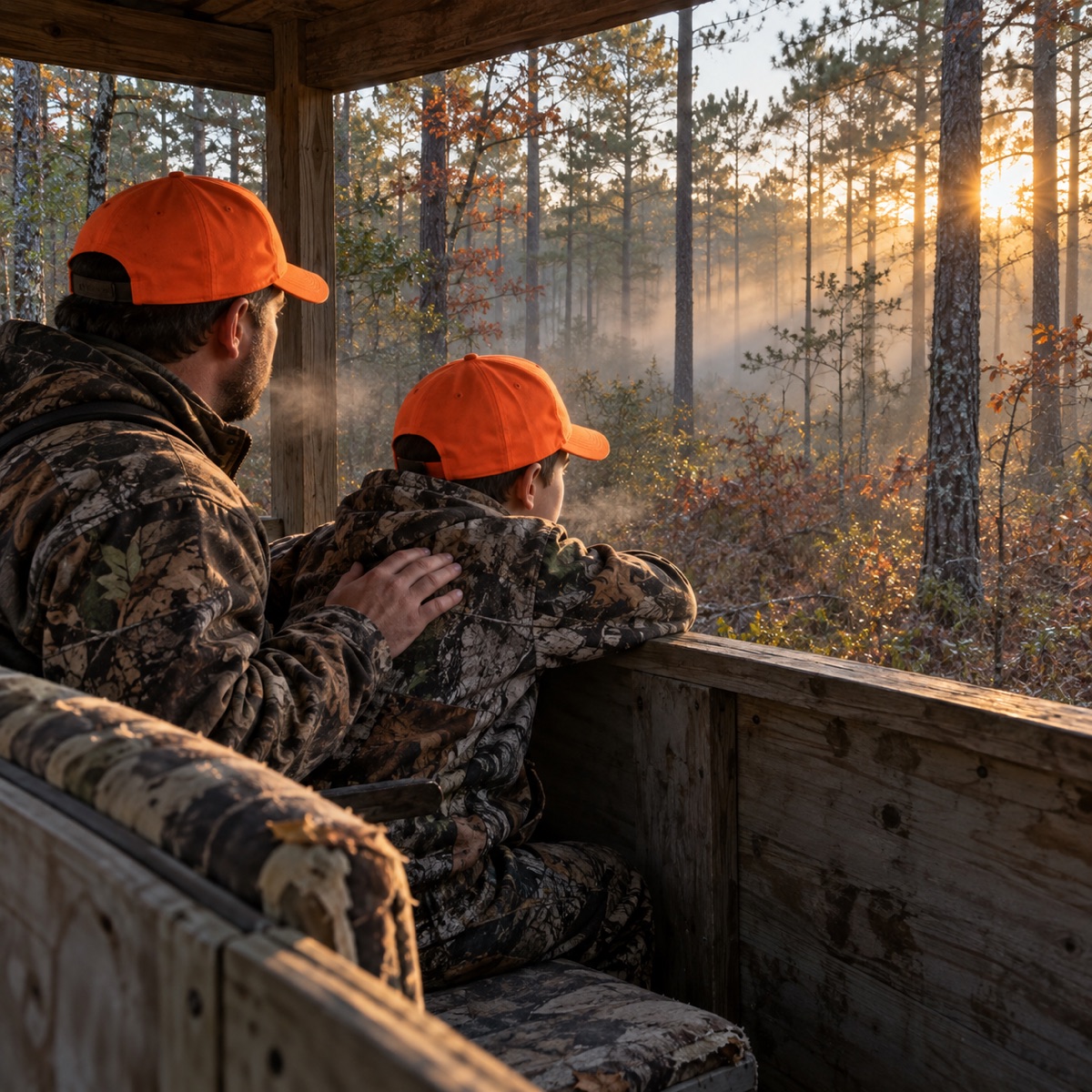 A father and a boy in orange caps sitting in a box deer stand at sunrise, watching the misty woods